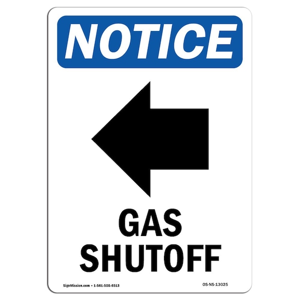 Signmission OSHA Notice Sign, 10" H, 7" W, Rigid Plastic, Gas Shutoff (Left Arrow) Sign With Symbol, Portrait OS-NS-P-710-V-13025 - main